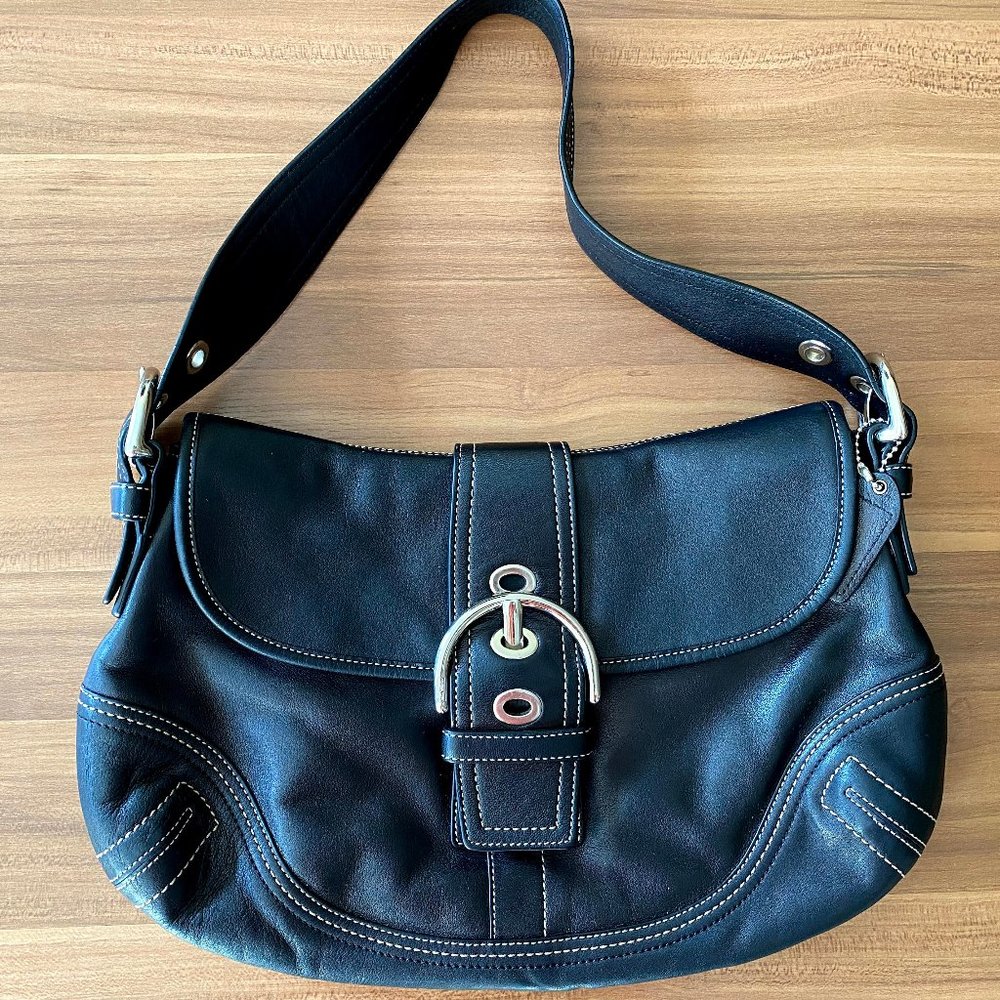 Coach Black Leather Shoulder Bag with White Stitching, Silver Hardware